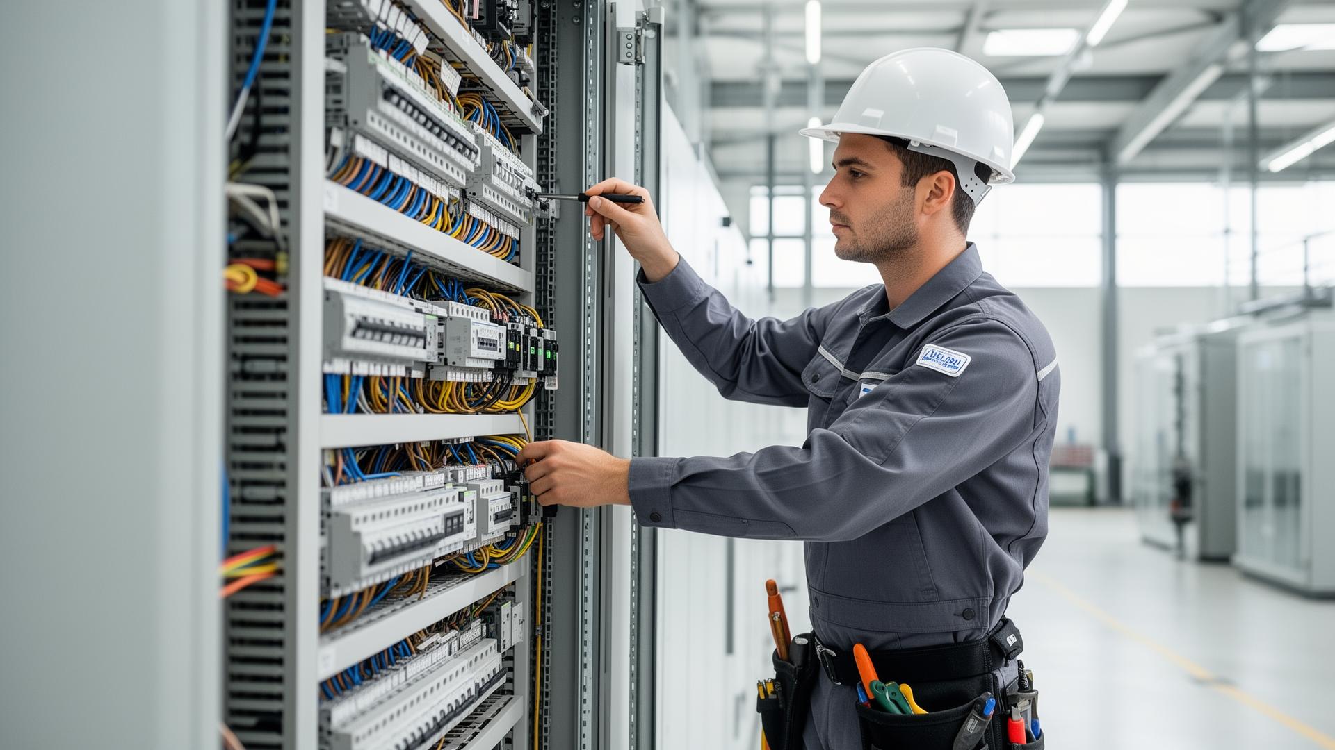 Electricista trabajando en panel eléctrico comercial